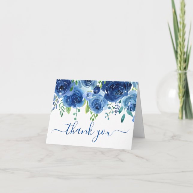 Foto Navy Blue Floral Hochzeit Danke Karte (Vorderseite)