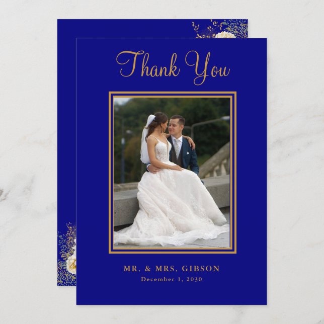 Foto Navy Blue Gold Script Hochzeit Dankeschön Kar (Vorne/Hinten)