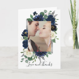 Foto Navy Blue und Silver Elegante Blumenhochzeit Dankeskarte