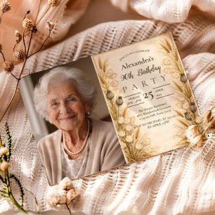 Foto Neutral Vintage Botanical Weizen 90. Geburtst Einladung