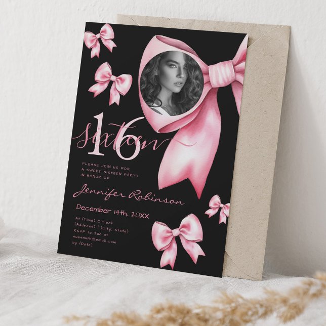 FOTO Niedlich Coquette Blush Pink Bow Sweet 16 Bla Einladung (PHOTO Cute Coquette Blush Pink Bow Sweet 16 Black Invitation)