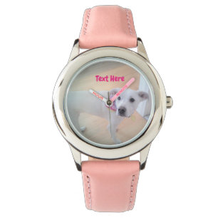 Foto Niedlicher süßer weißer Welpen-Hundefass rosa Armbanduhr