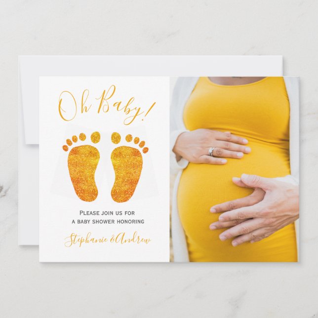 Foto Oh Baby Gold Feet Couple's Baby Shower Einladung (Vorderseite)