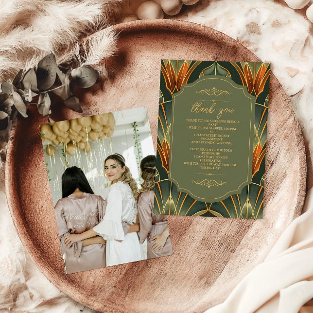 Foto Olive Green Elegante Verzierte Vintage Bridal Dankeskarte (Von Creator hochgeladen)