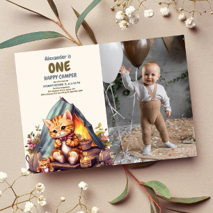 Foto One Happy Camper Woodland Katze 1. Geburtstag Einladung