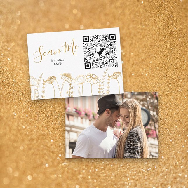 Foto Online UAWG QR Code Gold Wildblume Sketch Begleitkarte (QR Code RSVP Enclosure Card with Photo in White & Gold, from my Wildflower Sketch collection)