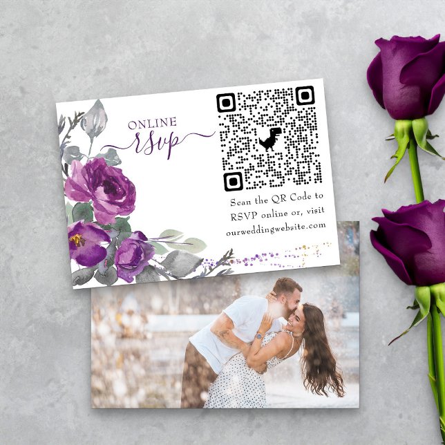 Foto Online-UAWG QR-Code Lila Hochzeitflora Begleitkarte (Purple Floral QR Code Online RSVP Card from my Plush Purple Wedding Collection )