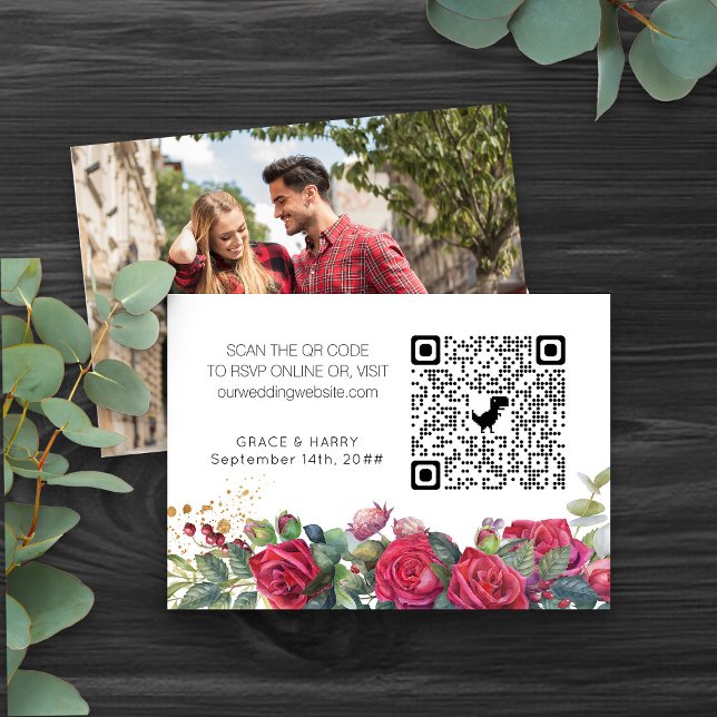 Foto Online-UAWG QR-Code Rote Rose Hochzeitswebsit Begleitkarte (Custom Photo Wedding Website QR Code cards from my Red Rose and Eucalyptus Wedding Collection)