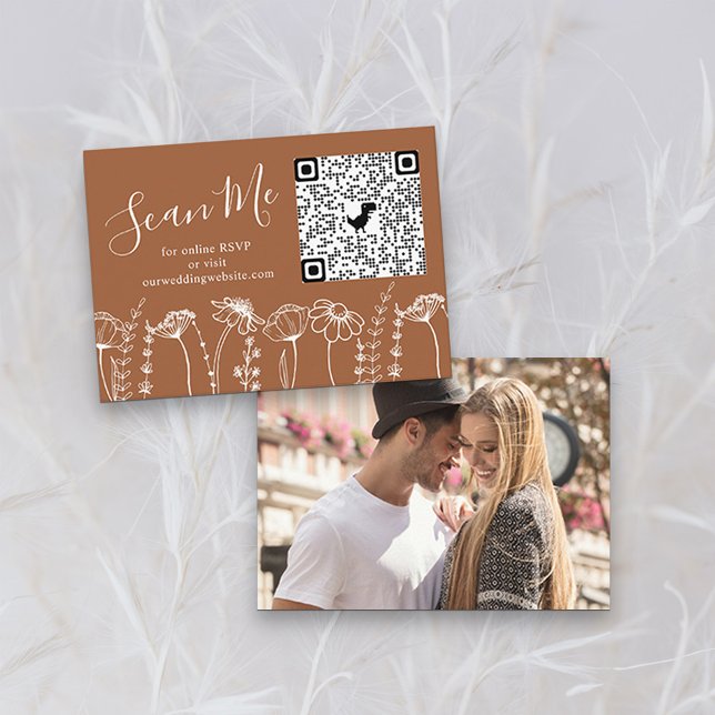 Foto Online UAWG QR Code Terracotta Wildblume Begleitkarte (QR Code RSVP Card with Photo in Terracotta Burnt Orange, from my Wildflower Sketch collection)