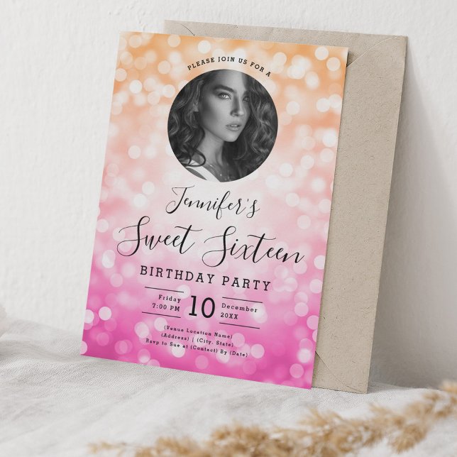 FOTO Orange Pink Bokeh Lights Sweet 16 Party Einladung (PHOTO Orange Pink Bokeh Lights Sweet 16 Party Invitation)