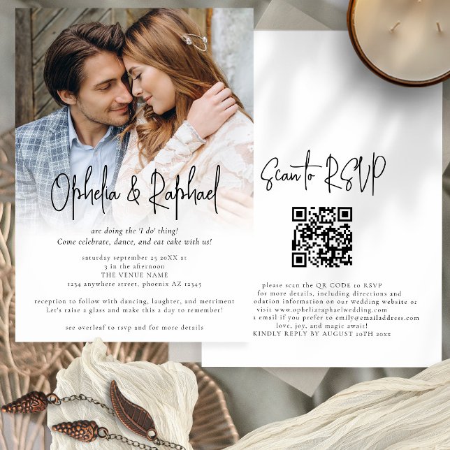 Foto Overlay Informelles Skript QR Code Boho Hochz Einladung (Front and back view)