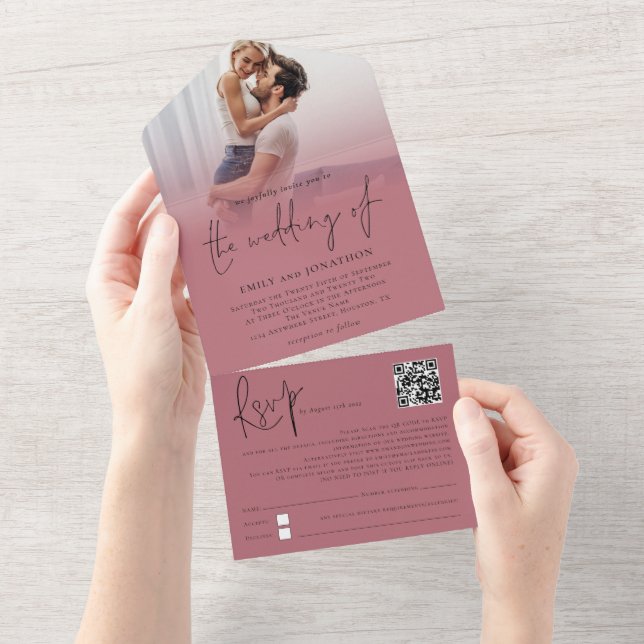 Foto Overlay QR Code Rose Gold Script Hochzeit All In One Einladung (Abreißen)