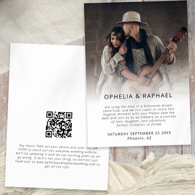 Foto Overlay QR-Code Skript Boho Wedding Save The Date (Front and back view)