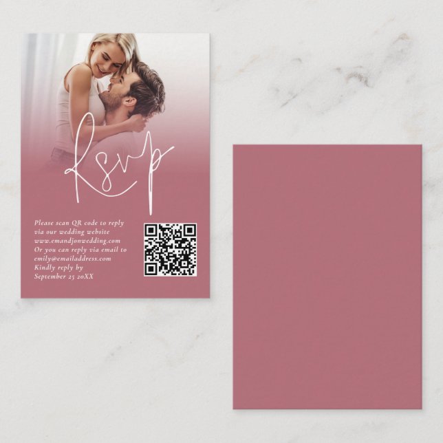 Foto Overlay QR Rose Gold Script Hochzeit RSVP Begleitkarte (Vorne/Hinten)