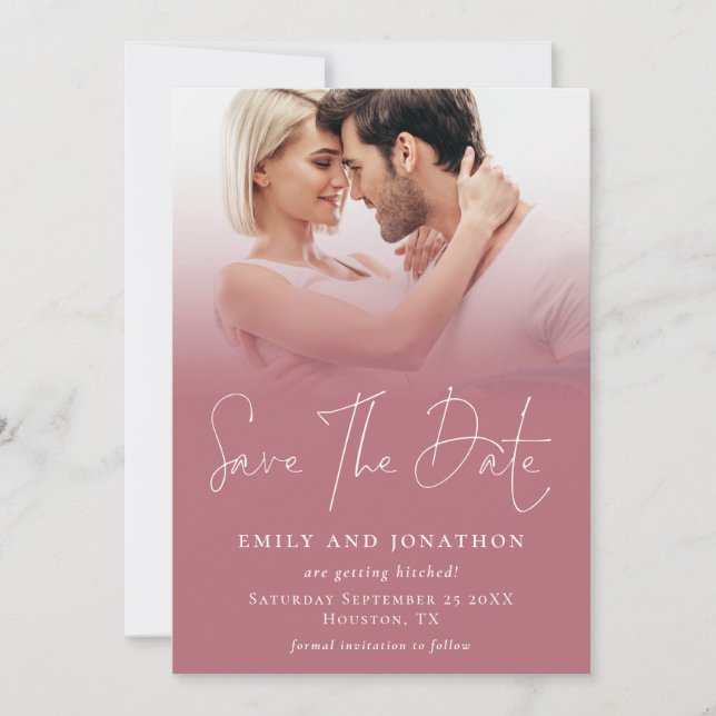 Foto Overlay QR Rose Gold White Script Hochzeit Save The Date (Vorderseite)