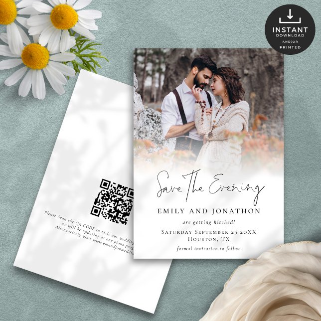 Foto Overlay QR Script Wedding Rettete den Abend Save The Date (Front and back view)