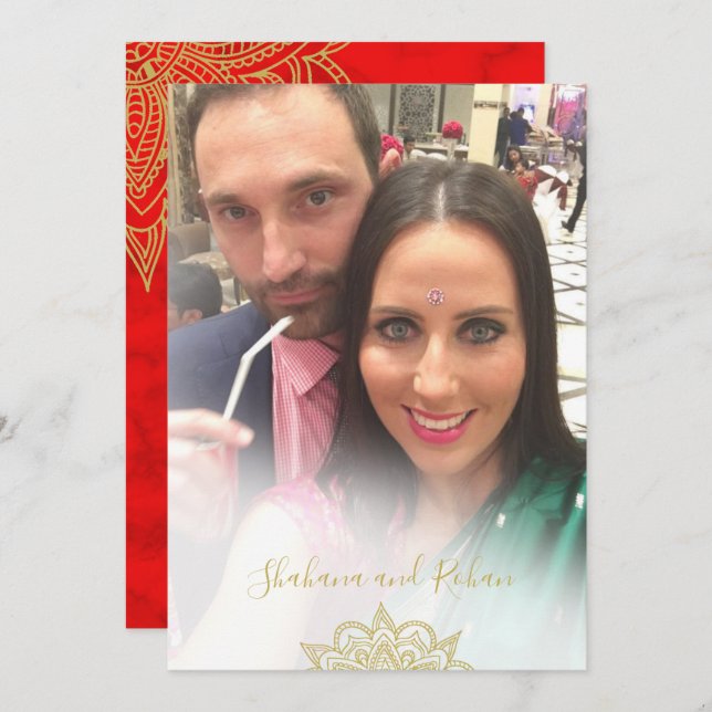 Foto Overlay Red Gold Moderne Hochzeit im indische Einladung (Vorne/Hinten)