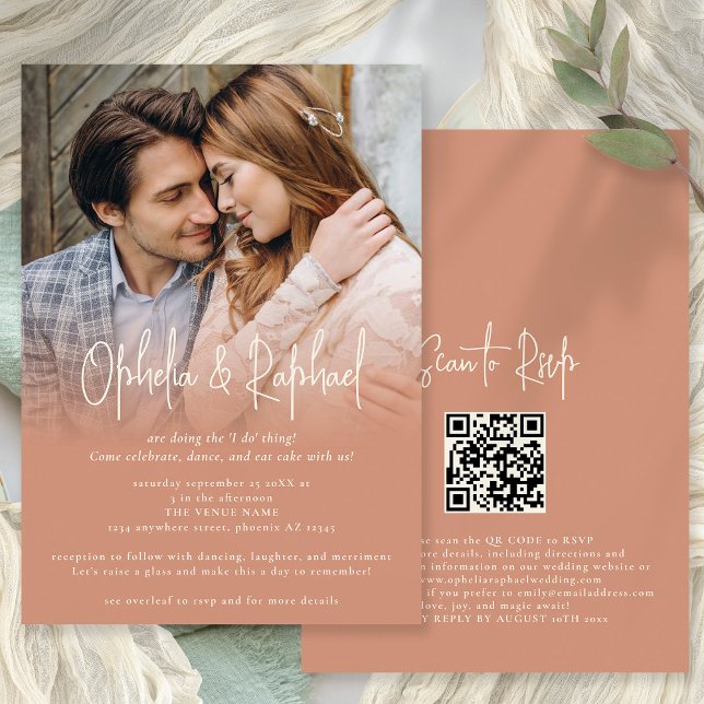 Foto Overlay Script QR Boho Terracotta Hochzeit Einladung (Front and back view. Available printed or dgitally)