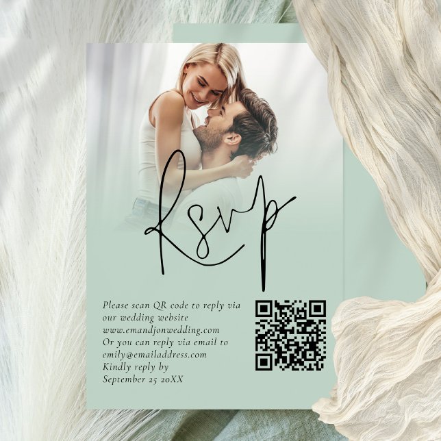 Foto Overlay Script QR Sage Wedding RSVP Card Einladung (Available printed or digitally)
