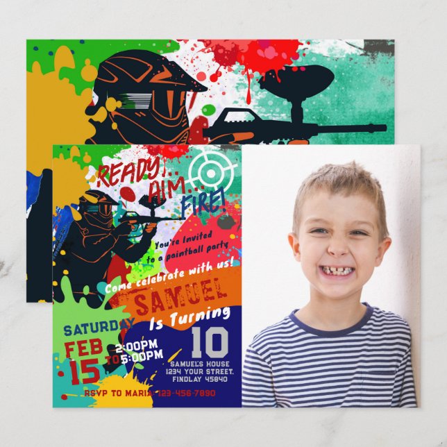 Foto Paintball Geburtstagseinladung, Paintball Einladung (Vorne/Hinten)