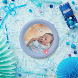 Foto-Papier-Teller Taufe Blau Dusche Pappteller