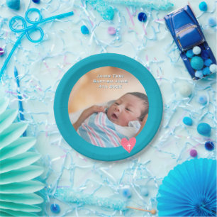 Foto-Papier-Teller-Taufe Türkis Blau Dusche Pappteller