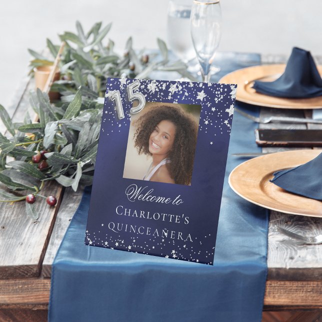 Foto Party willkommen bei Quinceanera Blue Silver  Sockelschild (Von Creator hochgeladen)