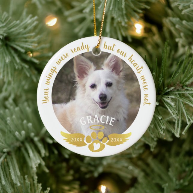 Foto Pawprint Heart Angel Wings Gold Keramik Ornament (Baum)