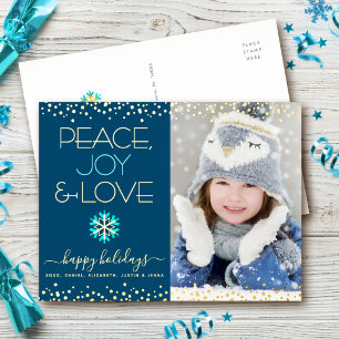 Foto Peace Joy Liebe Snowflake Navy Blue Real Gold Folien Feiertagspostkarte