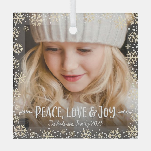 Foto Peace Liebe Freude Gold Snowflake Moderner Ur Ornament Aus Glas (Vorderseite)