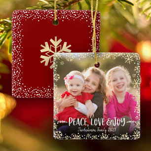 Foto Peace Liebe Jochschick Gold Schneeflocken Wei Keramikornament
