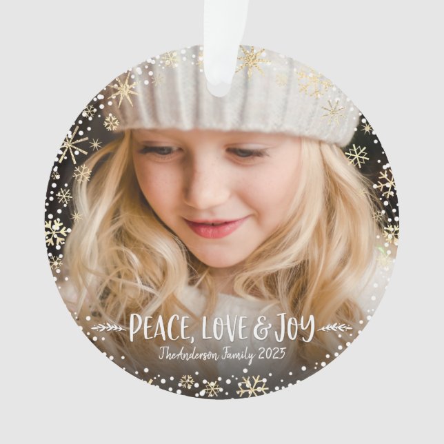 Foto Peace Liebe Joy Gold Snowflake Chic Weihnacht Ornament (Vorderseite)