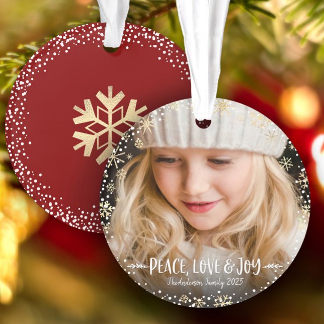 Foto Peace Liebe Joy Gold Snowflake Chic Weihnacht Ornament (Von Creator hochgeladen)