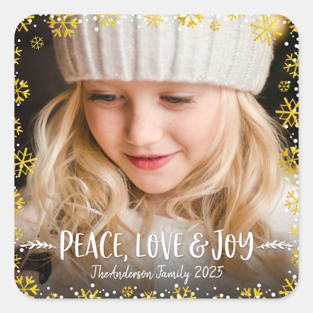 Foto Peace Liebe Joy Gold Snowflake Holiday Custom Quadratischer Aufkleber (Vorderseite)