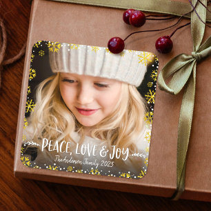 Foto Peace Liebe Joy Gold Snowflake Holiday Custom Quadratischer Aufkleber