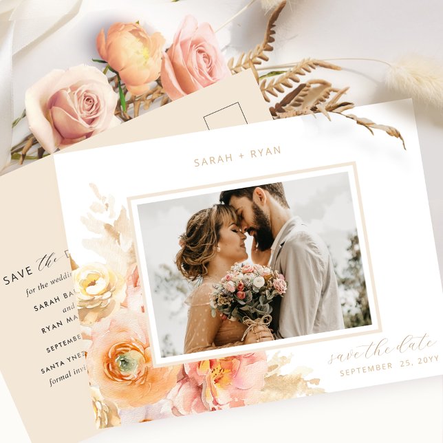 Foto Peach Blush and Cream Wedding Save the Date Ankündigungspostkarte (Von Creator hochgeladen)