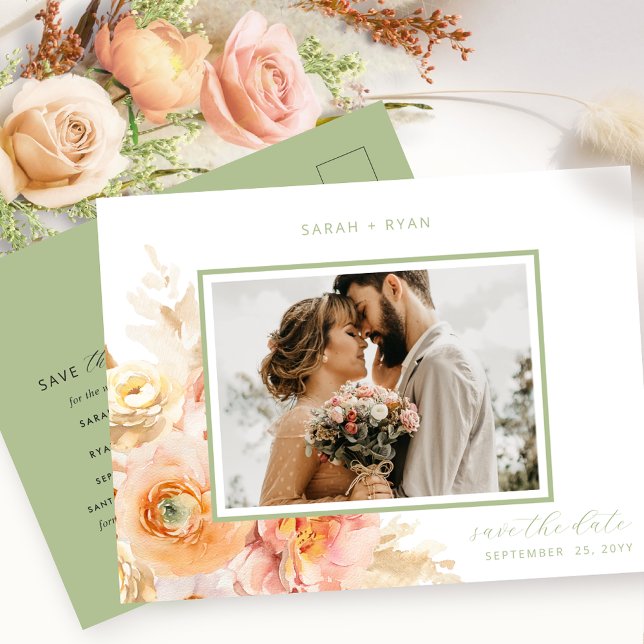 Foto Peach Blush and Green Wedding Save the Date Ankündigungspostkarte (Von Creator hochgeladen)