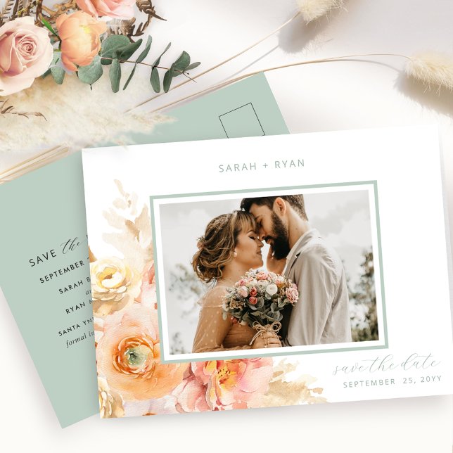 Foto Peach Blush and Sage Wedding Save the Date Ankündigungspostkarte (Von Creator hochgeladen)