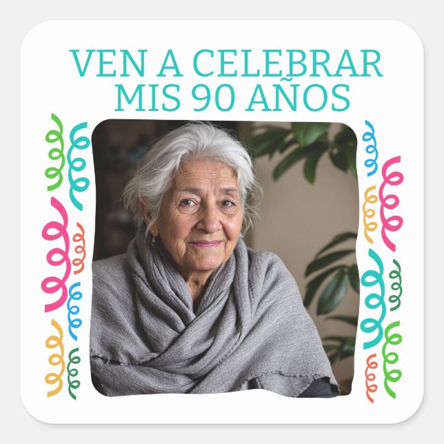Foto Personalizada Mis 90 Años Fiesta Quadratischer Aufkleber (Vorderseite)