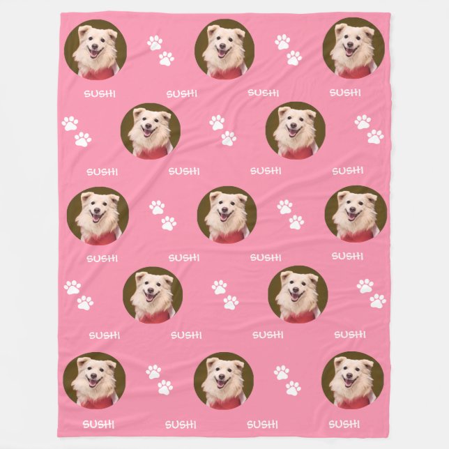 Foto Pet Name Paw Prints Pink Fleece Blanket (Vorderseite)