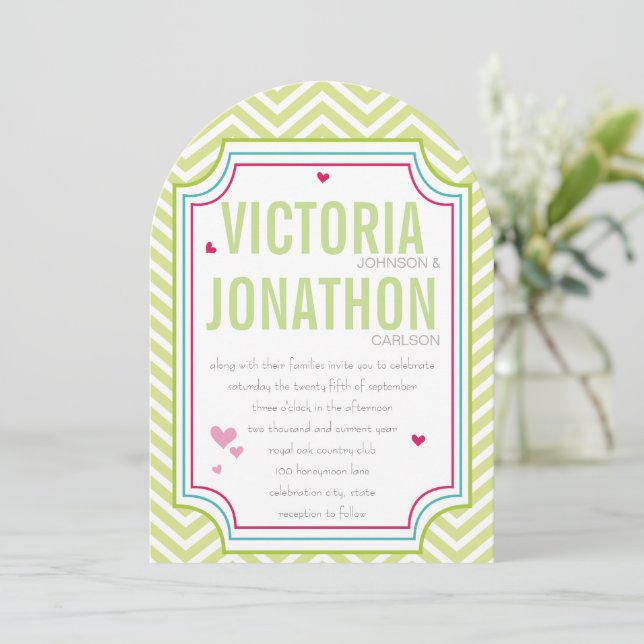 Foto Pink Aqua Limon Zig Zag Typografie Hochzeit Einladung (Stehend Vorderseite)