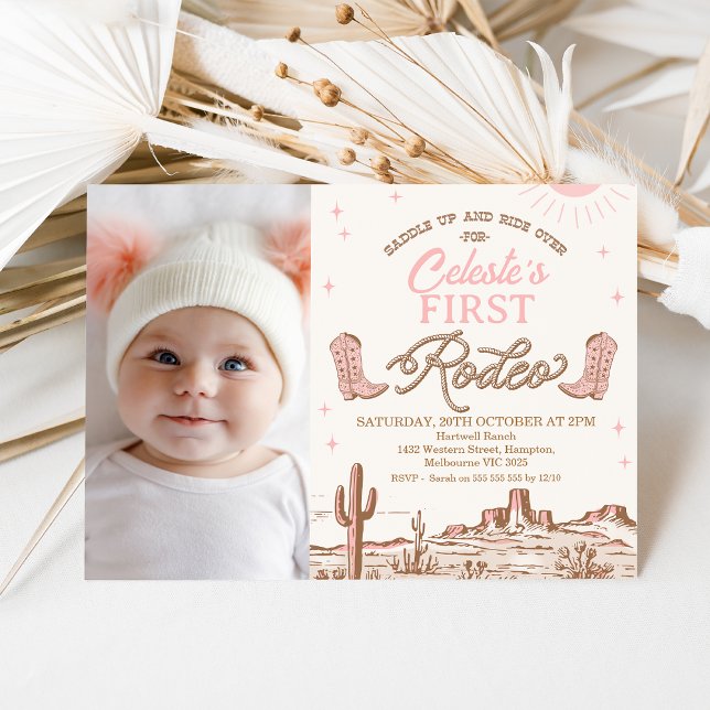 Foto Pink Brown Cowgirl First Rodeo 1. Geburtstag Einladung (Girls First Rodeo Birthday Invitation Template, Photo Pink Brown Rodeo Birthday Invitation, Any Age)