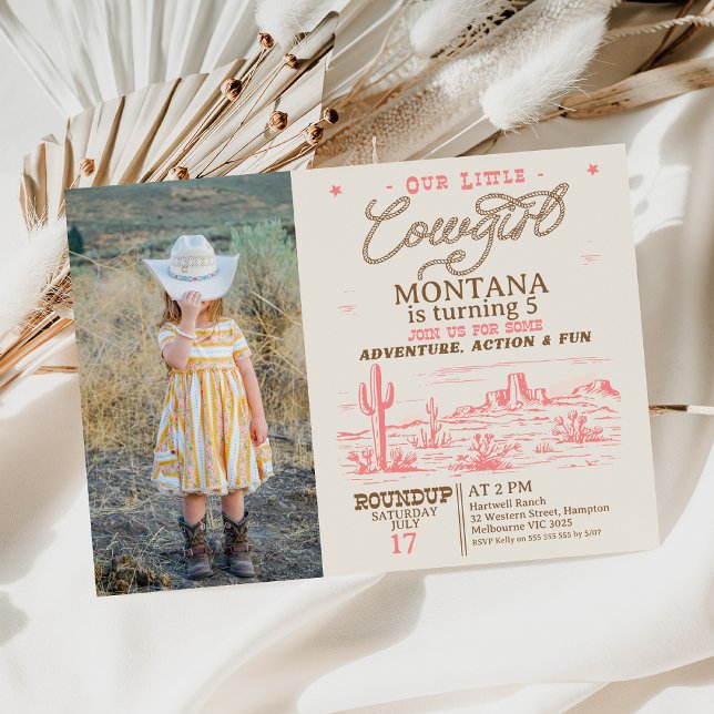 Foto Pink Brown Western Wüste Cowgirl Geburtstag Einladung (Cowgirl Birthday Invitation Girl, Rustic Western Desert, Pink Cowgirl Birthday Invite, Any Age, )