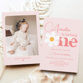 Foto Pink Daisy 1. Geburtstag Party Einladung