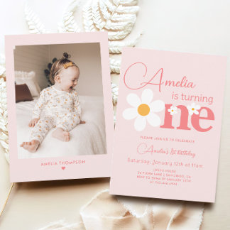 Foto Pink Daisy 1. Geburtstag Party Einladung