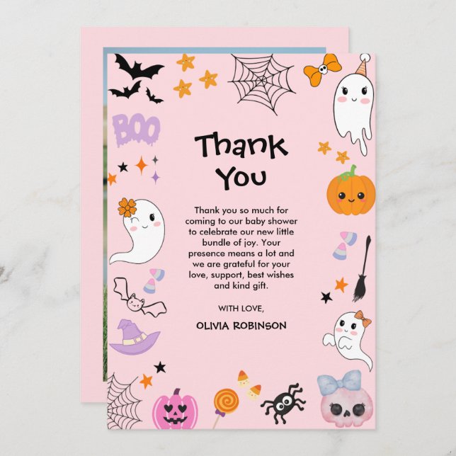 Foto Pink ein wenig Boo Niedlich Halloween Kinderd Dankeskarte (Vorne/Hinten)