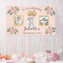 Foto Pink Floral Elefant Erstes Geburtstagskind Banner