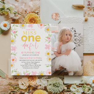Foto Pink Floral Miss Onederful 1. Geburtstag Einladung