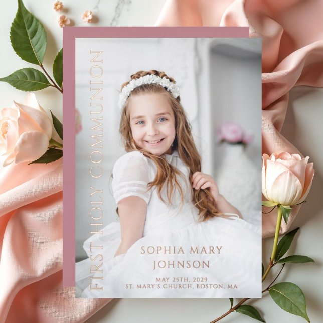 Foto Pink Girl Erste Rose der heiligen Kommune Gol Folieneinladung (Photo Pink Girl First Holy Communion Rose Gold Foil Invitation)