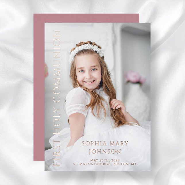 Foto Pink Girl Erste Rose der heiligen Kommune Gol Folieneinladung (Pink Girl First Holy Communion Photo Rose Gold Foil Invitation)